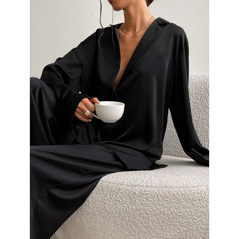 Women's Pajama Set Casual Comfort Pure Color Button Up Elastic Waist Shirt Pant Home Daily Long Sleeve Shirt Collar Black Green Summer Spring Fall Regular Fit3