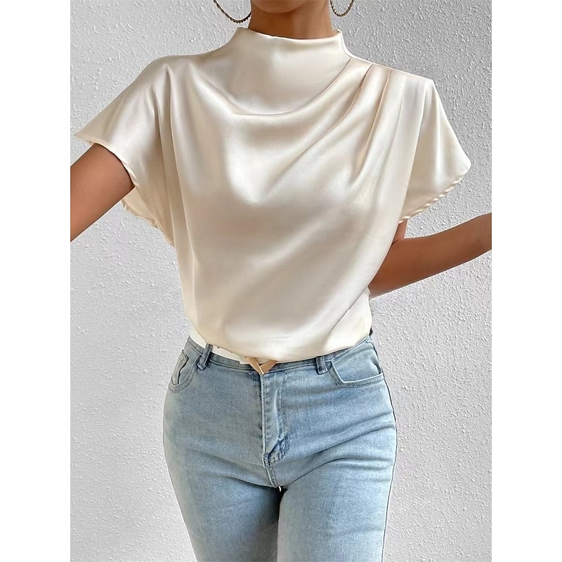 Women's Elegant Dressy Satin Blouse Solid Color Daily Stylish Casual Short Sleeve Crew Neck Regular Tops Daily Patchwork Black White Pink Summer Spring Fall