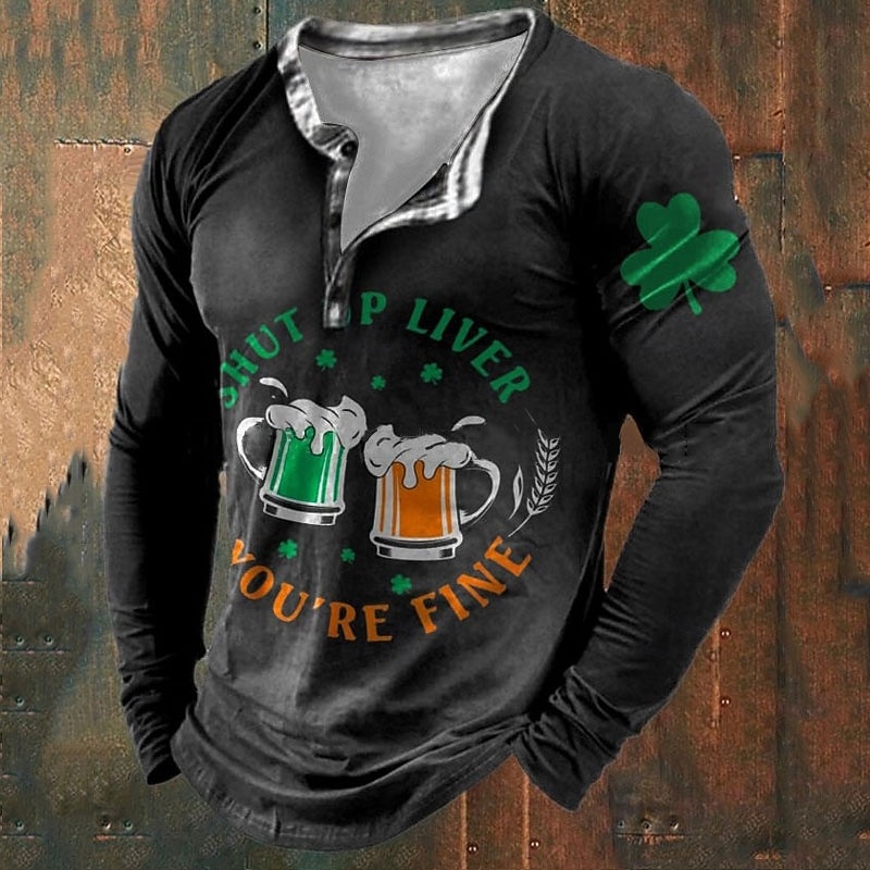 Men's St. Patrick Graphic Shamrock Beer T Shirt T shirt Tee Tee Top Long Sleeve 3D Print Fashion Designer Basic Vacation Street Going out Spring &  Fall Black Green Coffee Gray Henley Henley T-Shirt