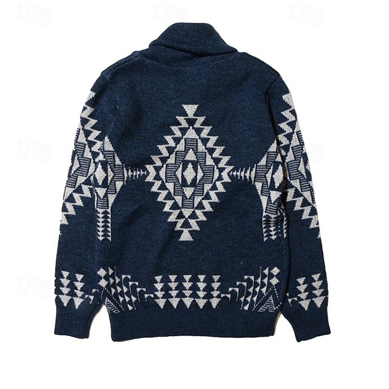 Men's Jacquard Sweater Pullover Sweater Jumper Knit Sweater Ribbed Knit Regular Tops Knitted Argyle Lapel Fashion Basic Vacation Daily Wear Clothing Apparel Fall & Winter Blue S M L2