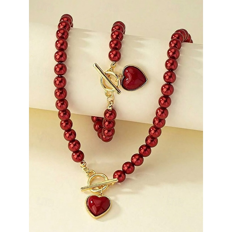 Women's Red Pearl Necklace and Bracelet Set with Heart Pendant, Gold-Tone Clasp Design, Elegant Jewelry for Valentine's Day Gift, Weddings, and Special Occasions4