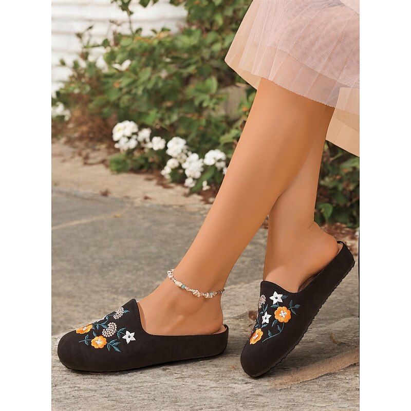 Women's Black / Yellow Embroidered Floral Slip-On Mules with Cushioned Sole - Comfortable Casual Shoes for Home and Everyday Wear