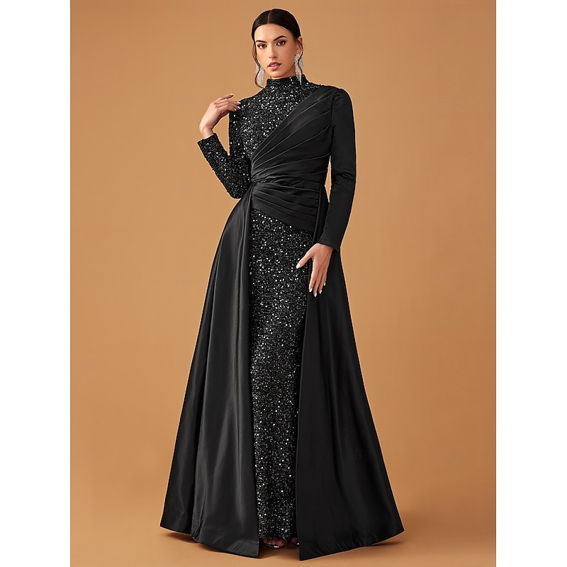 Black Dress Evening Gown Dress Formal Wedding Guest Sweep / Brush Train Long Sleeve Mock Neck Lace with Pleats Shawl3