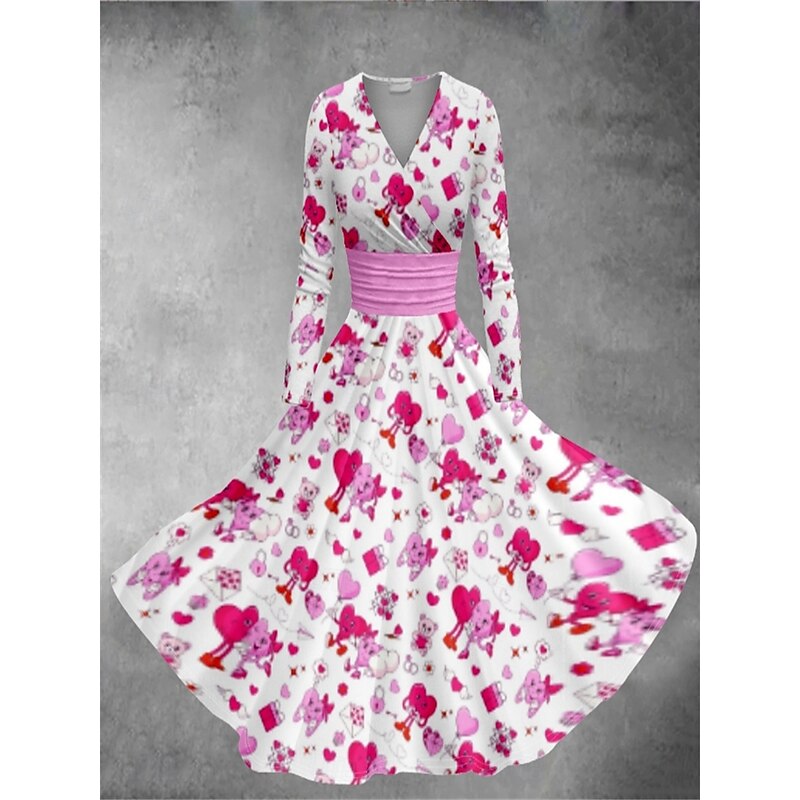 Women's Valentine Heart Dress Graphic Print V Neck Dolman Sleeve Midi Dress Vintage Valentine's Day Daily Long Sleeve Spring Fall2