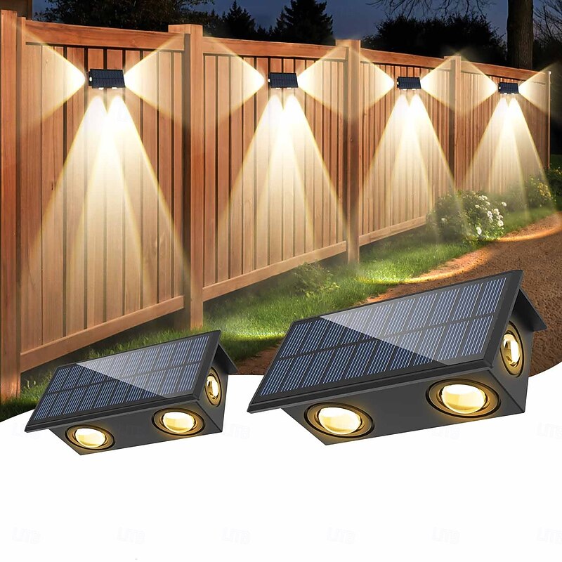 2pcs Outdoor Solar Waterproof Wall Lamp - 4 LED Beams for Courtyard, Balcony, Fence, Steps, Eaves and Porch Lighting2