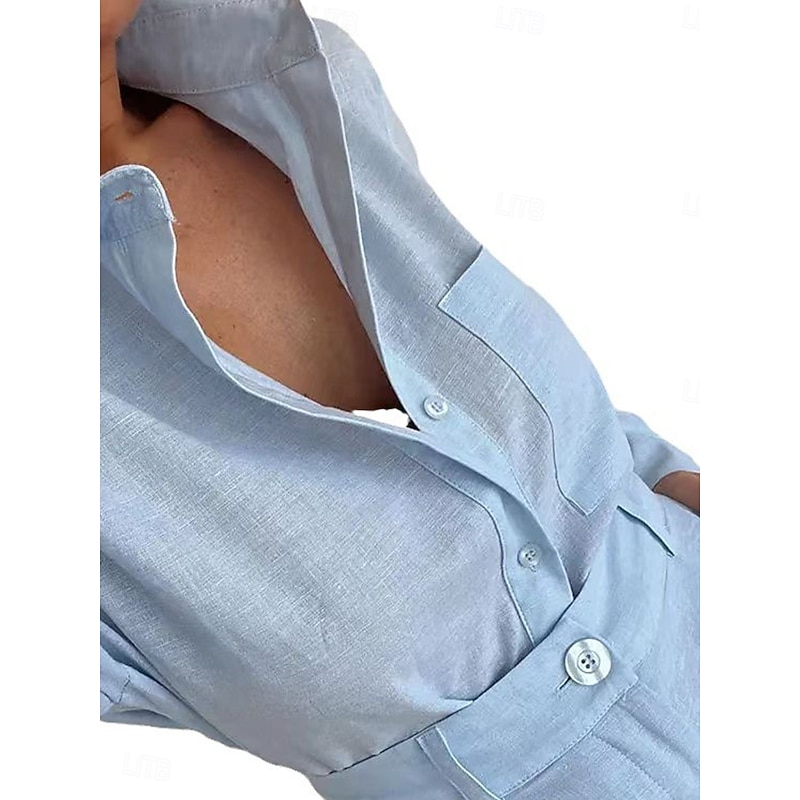 Women's Daily Shirt Linen-Inspired Sets Two Piece Sets Baggy Shorts Long Sleeve Shirt Collar Solid Color Patchwork Outdoor Gray purple White Blue Spring &  Fall Regular Fit2