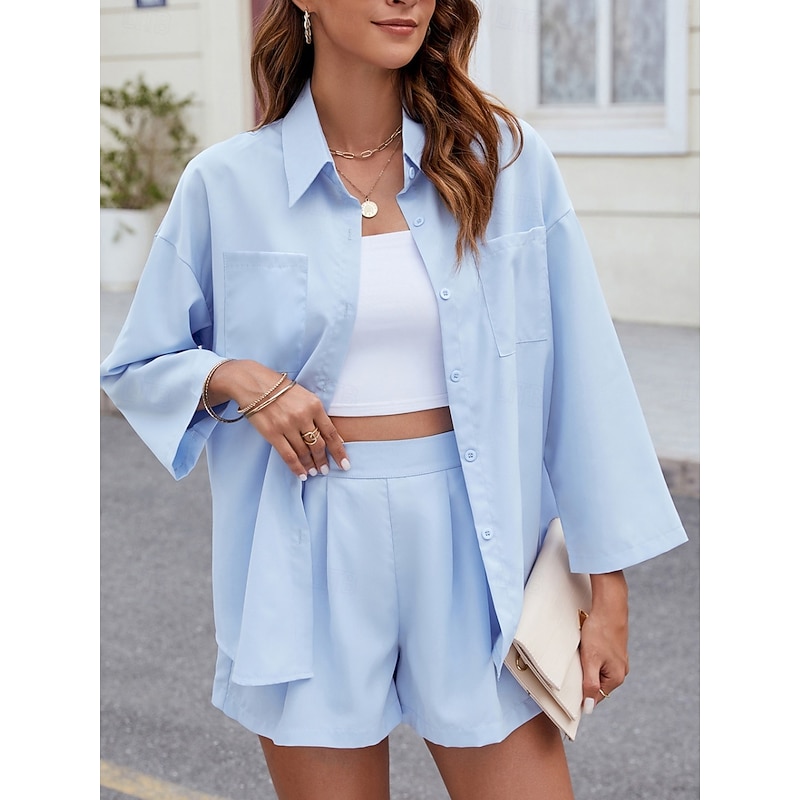 Women's Fashion Streetwear Daily Shirt Baggy Shorts Long Sleeve Shirt Collar Plain Casual Daily Black Sky Blue Green Spring &  Fall Regular Fit4