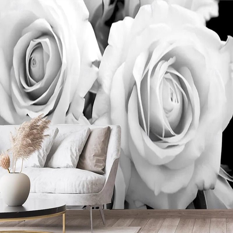 Flower 3D Wallpaper Black and White Home Decoration Wall Mural Roll Peel and Stick Removable PVC/Vinyl Material Self Adhesive/Adhesive Required Wall Decor for Living Room
