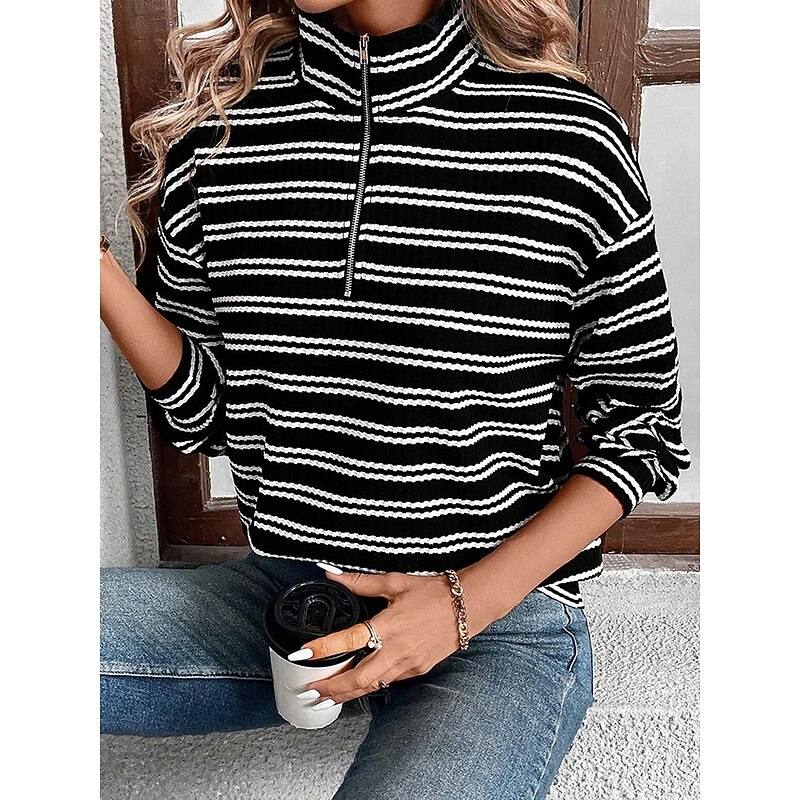 Women's Sweatshirt Casual Striped Street Dailywear Hoodie Zip Up Long Sleeve Black Fall Winter3