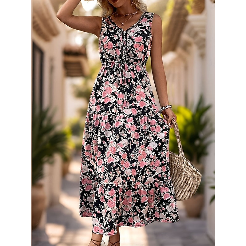 Women's Midi Dress Casual Dress Boho Chic Dresses Tank Dress Bohemia Stylish Casual Vacation Daily Beach Loose Fit Graphic Sleeveless V Neck Black Blue Summer Spring3