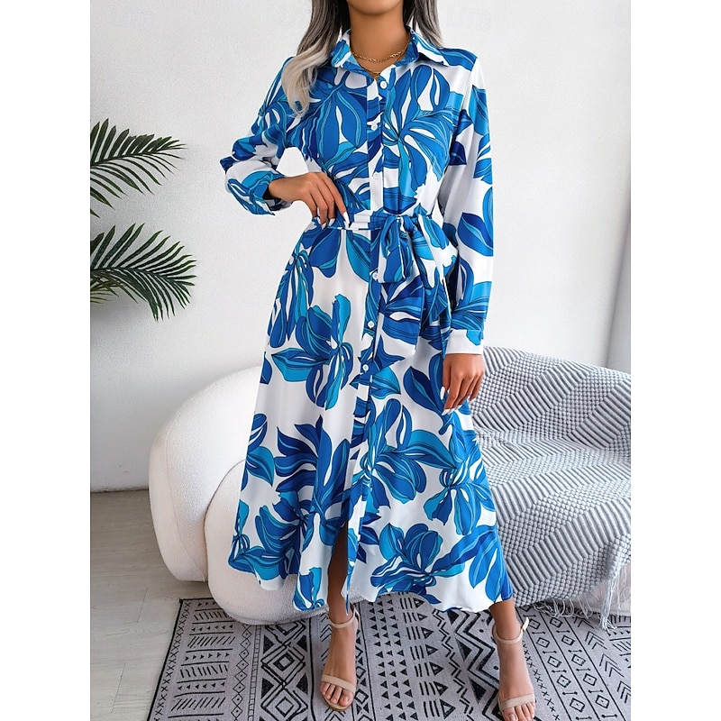 Women's Maxi Dress Shirt Dress Casual Dress A Line Dress Stylish Casual Vacation Daily Regular Fit Floral Long Sleeve Shirt Collar Blue Orange Spring Fall