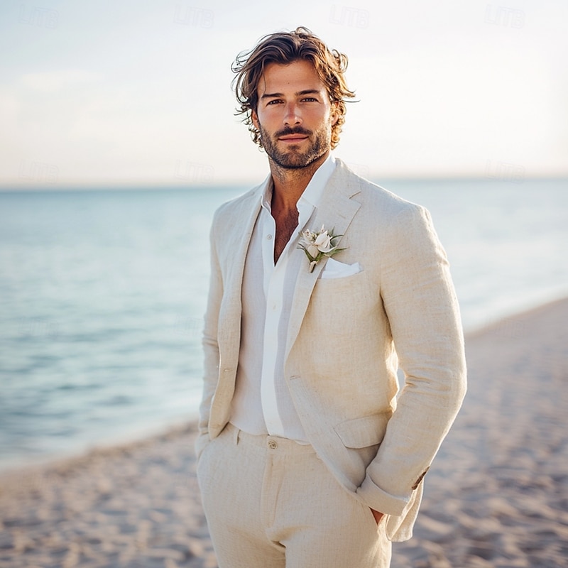 Men's Wedding Beach Wedding Linen Suits Beige Lightweight Casual Solid Colored Standard Fit 2 Piece Single Breasted One-button2