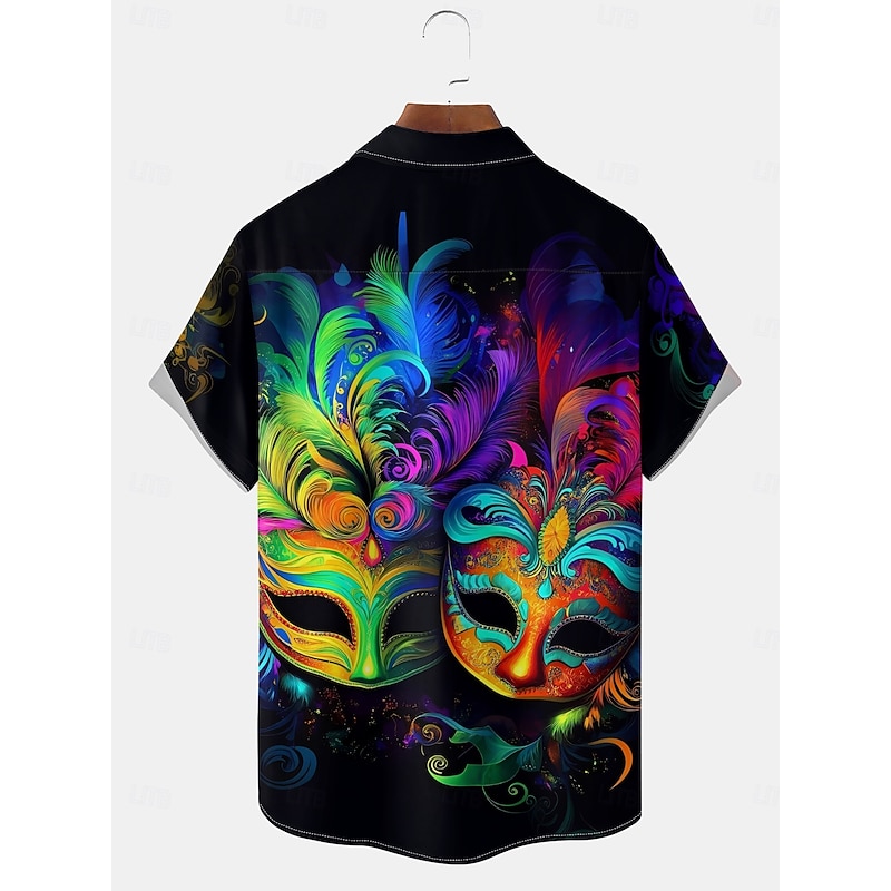 Mardi Gras Men's Mask Short Sleeves Artistic Casual Comfortable Outdoor Vacation Street Spring & Summer Shirt Collar Printing Black2