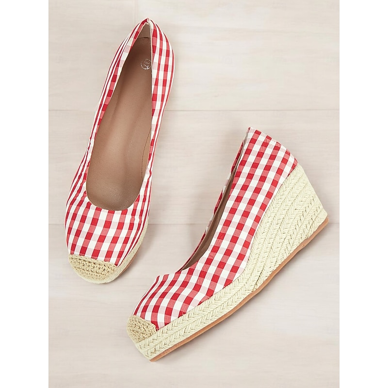 Women's Red Gingham Espadrille Wedge Heels with Crochet Toe Cap, Vintage Style Summer Shoes for Casual and Vacation Wear