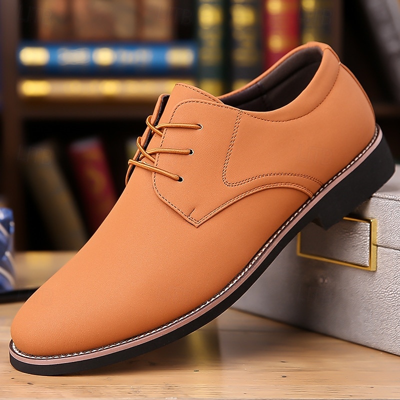 Men's Tan Faux Leather Oxford Shoes – Classic Lace-Up Design for Office, Formal Events, and Business Wear