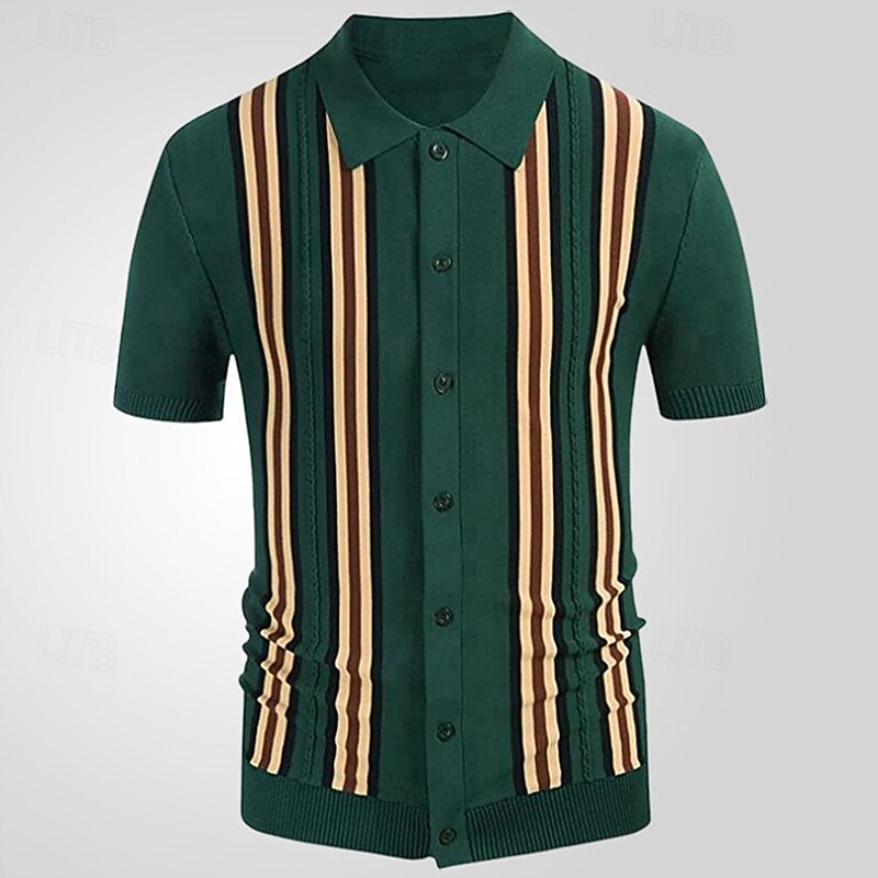 Men's Button Up Polos Golf Shirt Casual Sports Lapel Short Sleeve Fashion Basic Stripes Patchwork Buttons Summer Brown Green Apricot Button Up Polos2