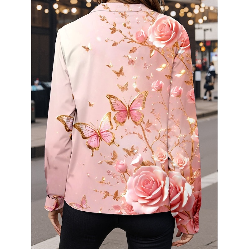 Valentine's Day Women's Shirt Button Down Tunic Shirt Collar Long Sleeve Butterfly Casual Regular Tops Work Daily s Print Pink Spring Fall Winter2