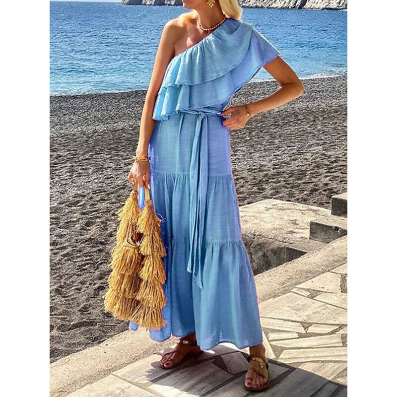 Women's Casual Dress Mini Dress Ruffle Casual One Shoulder Short Sleeve Pink Blue Color4