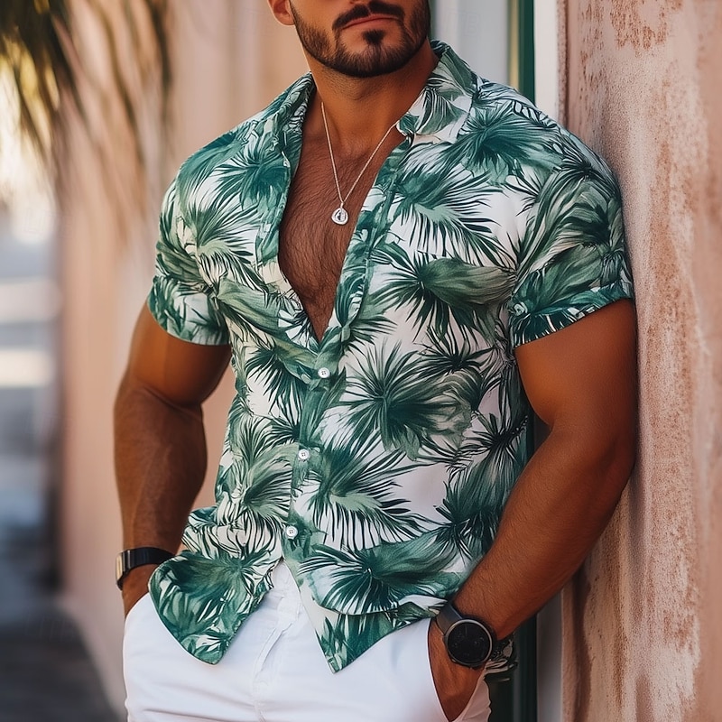 Men's Leaf Tropical Summer Hawaiian Shirt Aloha Shirt Short Sleeve Hawaiian Vacation Summer Spring Turndown Button Up White Blue Orange Green