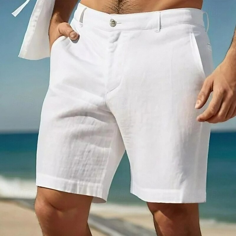 Men's Shorts Linen Shorts Dress Shorts Summer Shorts Beach Shorts Pocket Buttons Plain Comfort Breathable Knee Length Formal Daily Holiday Vacation Fashion White Sky Blue Inelastic2