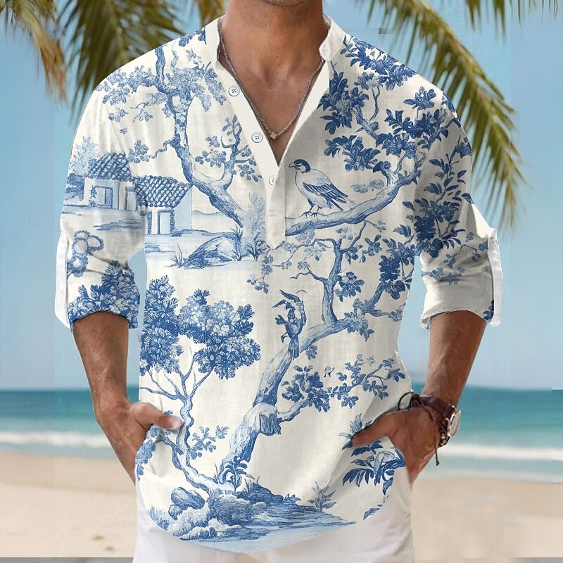 Men's Floral Botanical Summer Hawaiian Shirt Aloha Shirt Long Sleeve Hawaiian Resort Vacation Casual Summer Spring V Neck Buttons Blue