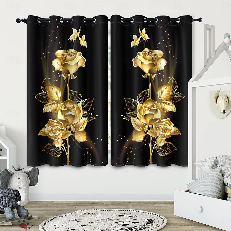 Golden Rose Peacock Insulated Outdoor Balcony Rest Living Room Home Decoration 2-piece Set 3D Digital Printing Perforated Shade Curtains2