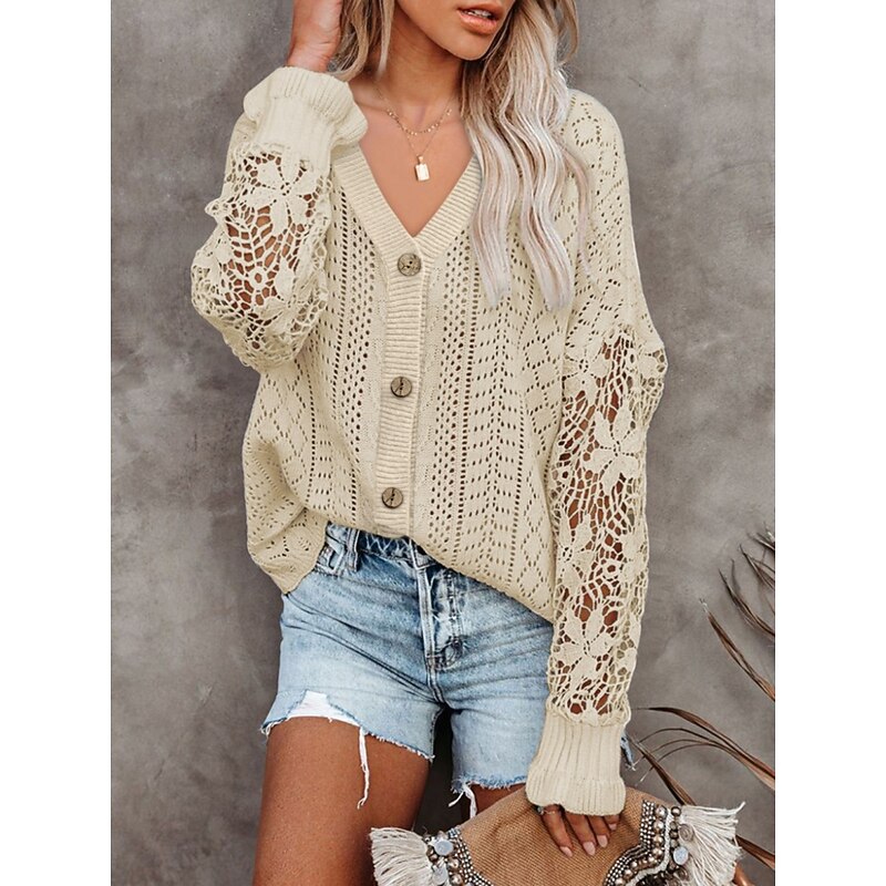 Women's Sweater Cardigan Casual Soft Pure Color Ribbed V Neck Buttons Knitted Hole Long Sleeve Regular Tops Knit Outdoor Daily Weekend Black White Fall Winter3