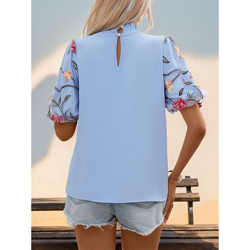 Women's Shirt Blouse Floral Casual Short Sleeve Turtleneck Regular Tops Daily Mesh Patchwork Embroidered Blue Summer Spring2