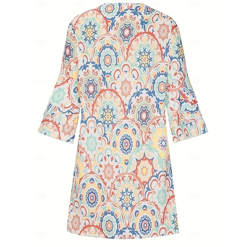 Women's Casual Dress Graphic Geometric Ruffle Print V Neck Flared Sleeve Mini Dress Bohemia Stylish Vacation Daily 3/4 Length Sleeve Summer Spring3