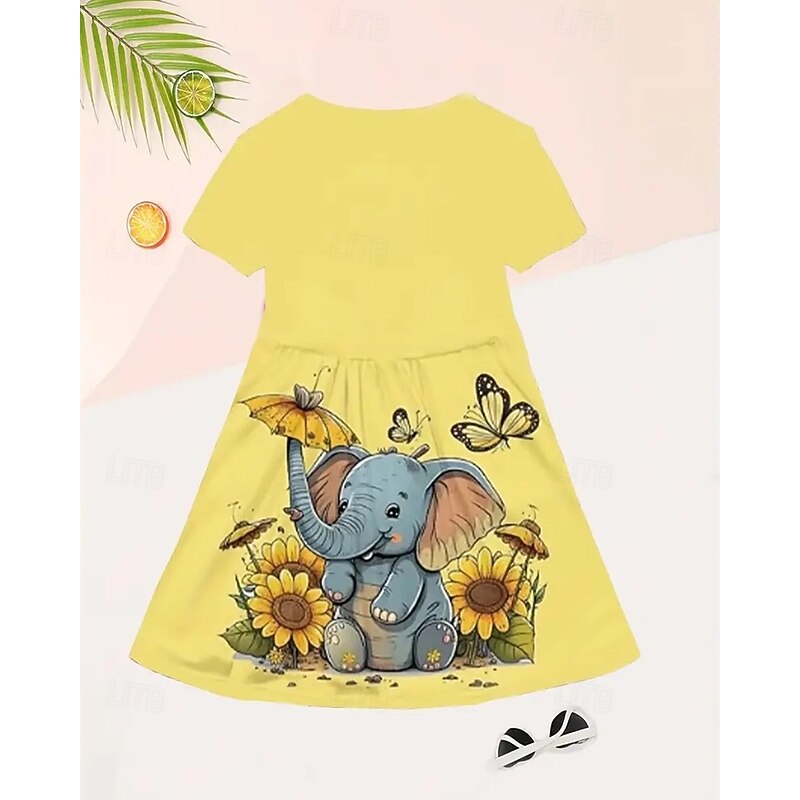 Girls' 3D Graphic Elephant Dress Short Sleeve Summer Spring Vacation Daily Holiday Princess Beautiful Sweet Kids 4-12 Years Casual Dress A Line Dress Knee-length Regular Fit3