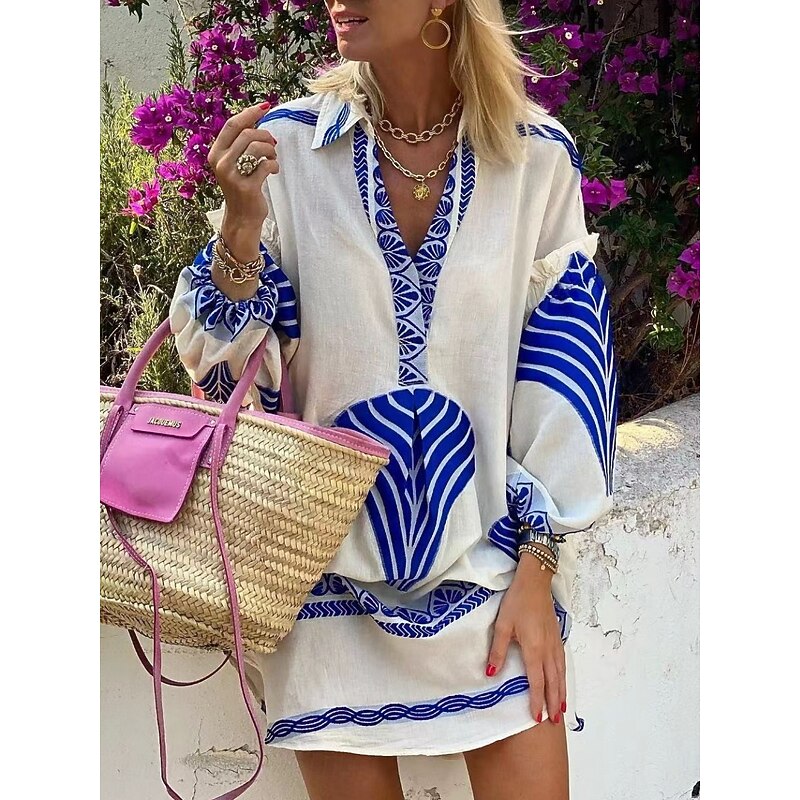 Women's Mini Dress Shirt Dress Casual Dress Casual Daily Regular Fit Geometric Long Sleeve Shirt Collar Black Blue Green Summer Spring Fall