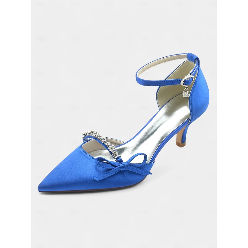 Pointed-Toe Kitten Heel Wedding Shoes for Women – Elegant Ankle Strap Bridal Heels with Rhinestone and Bow Detail2
