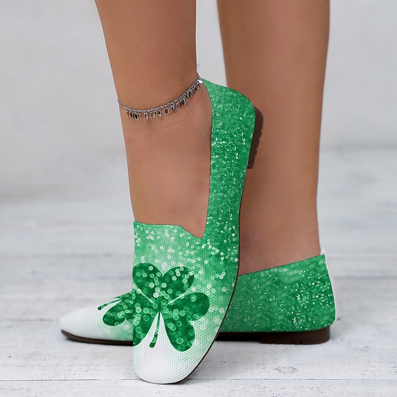 Women's Breathable Gradient Green Slip-On Flats with Clover Printed Design Perfect for Celebrate St. Patrick's Day4
