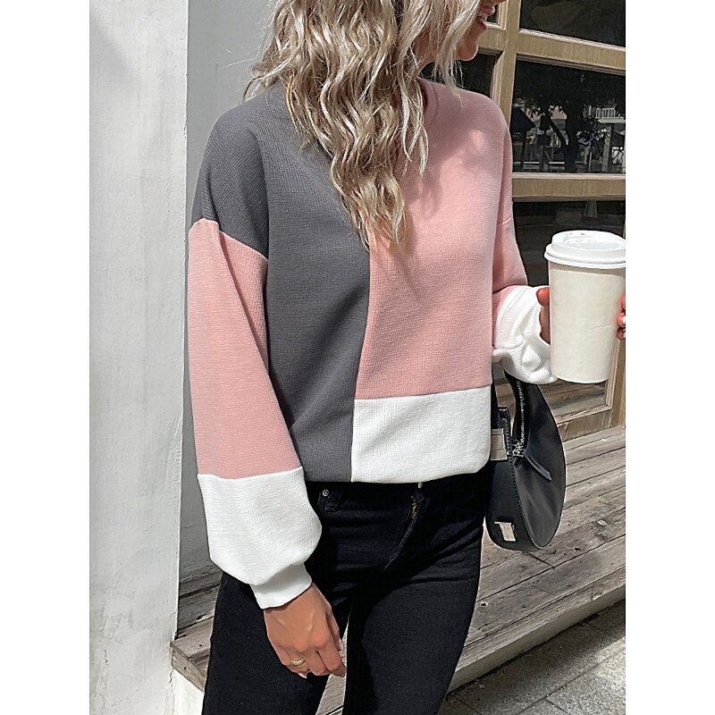 Women's Sweater Casual Soft Plaid Waffle Crew Neck Knitted Long Sleeve Regular Tops Knit Outdoor Daily Weekend Dark Gray Fall Winter