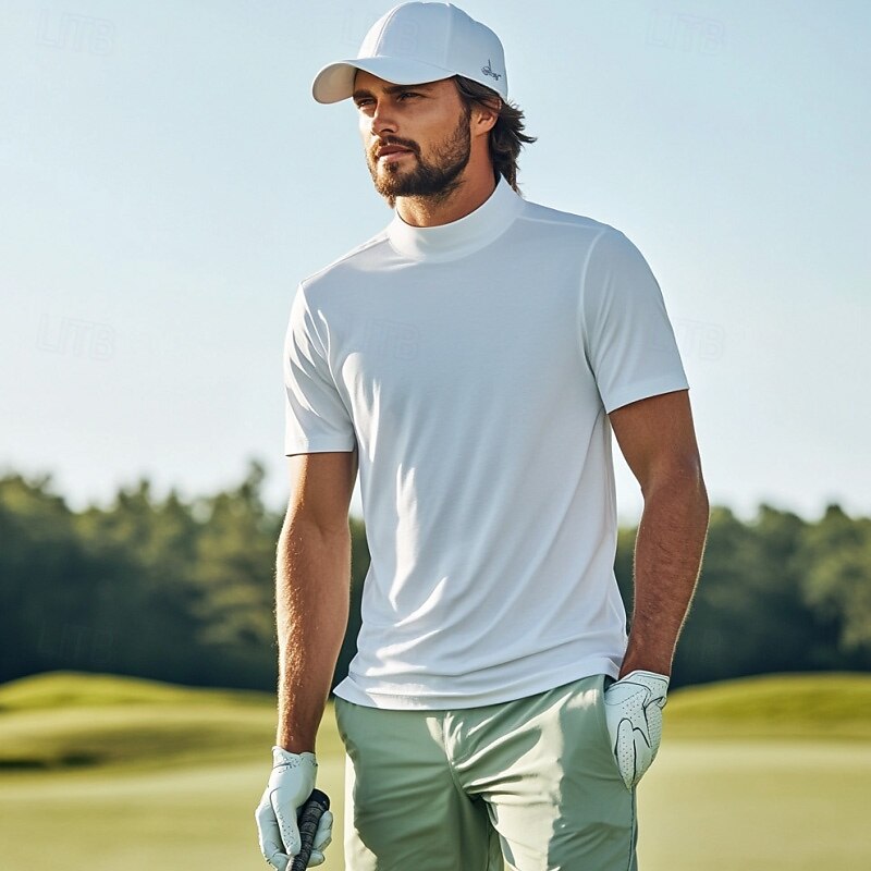 Men's T Shirt Turtleneck shirt Short Sleeve Stand Collar Summer Spring Plain Fashion Casual Comfortable Classic Vacation Street Holiday White Gray Green Top Tee for Men2