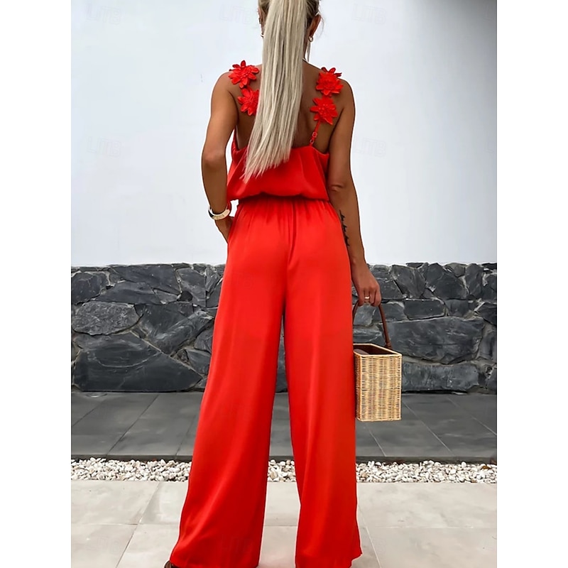 Women's Normal Jumpsuit Active Solid Color Sleeveless V Neck Pocket Vacation Daily Regular Fit Black White Red Summer4