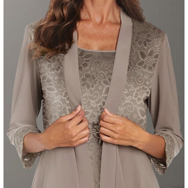 Pantsuit Beach Wedding 3 Piece Mother of the Bride  Elegant Jewel Neck Floor Length Chiffon Long Sleeve Wrap Included with Lace Solid Color4