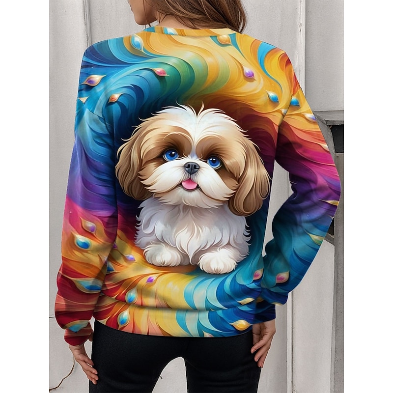 Women's Quarter Zipper Sweater Dog Casual Long Sleeve Crew Neck Regular Tops Street Dailywear Print Blue Fall Winter2