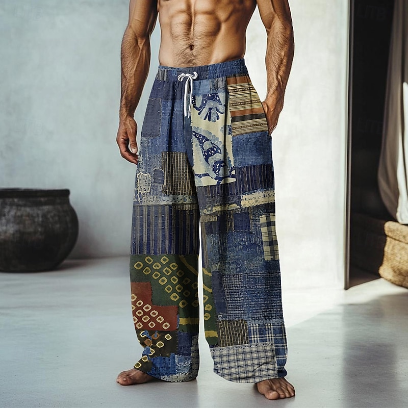 Men's Patchwork Ethnic Pants Trousers Mid Waist Drawstring Elastic Waist Hawaiian Casual Outdoor Vacation Holiday Straight Leg Trousers Summer Spring Fall 3D Print Ocean Blue Blue