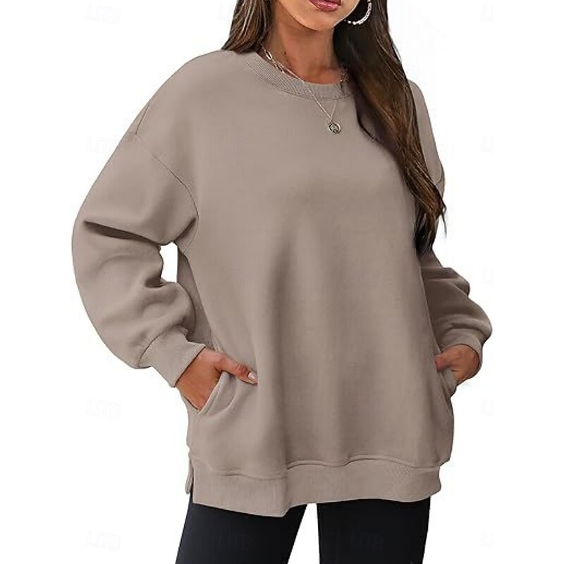 Women's Sweatshirt Casual Plain Street Dailywear Crew Neck Pocket Long Sleeve Black Pink Khaki Fall Winter4