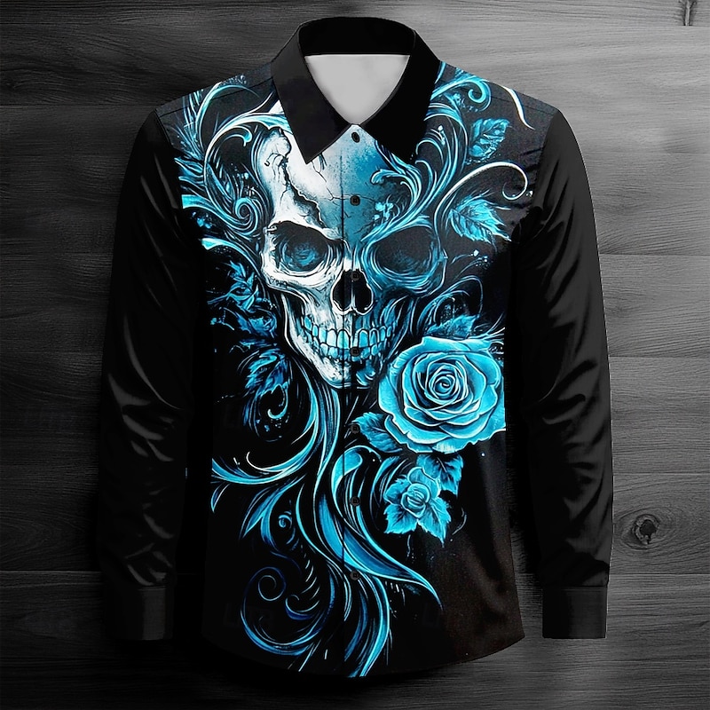Men's Cool Skulls Casual Shirt Button Up Shirt Long Sleeve Dark Spring Fall Turndown Button Up Red Blue Purple Green Black-white