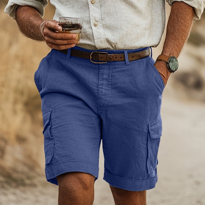 Men's Cargo Shorts Linen Shorts Summer Shorts Buttons Multi Pocket Straight Leg Plain Comfort Breathable Short Outdoor Casual Daily Fashion Retro Vintage Navy Blue Sky Blue3
