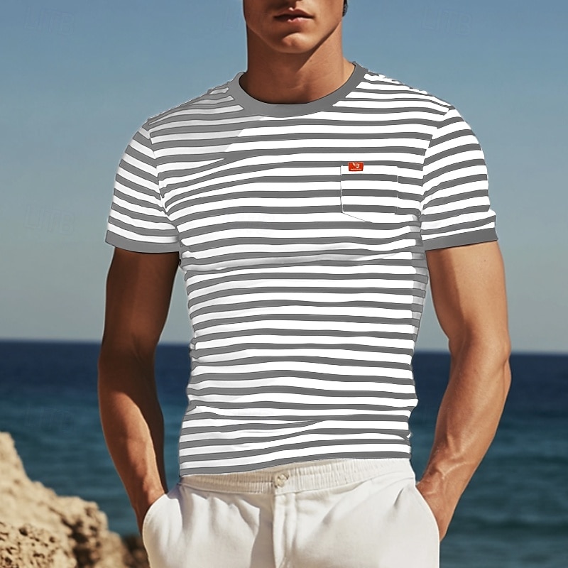 Men's T Shirt Tee Top Short Sleeves Crew Neck Summer Striped Fashion Designer Basic Front Pocket Vacation Street Going out Black Red Light Gray Top Tee for Men3