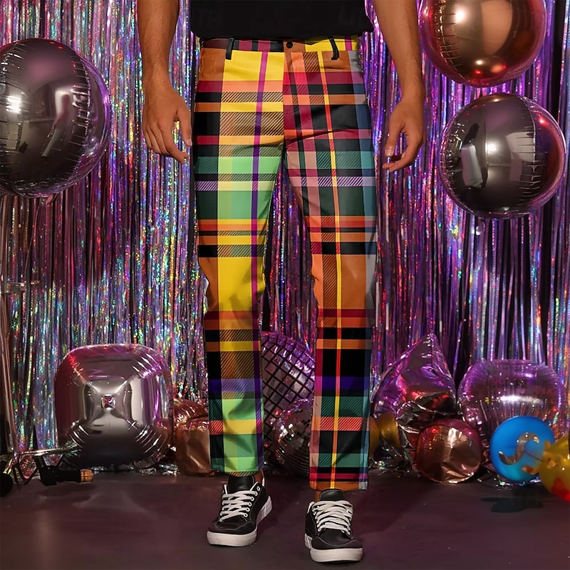 Men's Geometric Plaid / Check Dress Pants Mid Waist Vintage Fashion Casual Outdoor Vacation Home Zipper Pocket Summer Spring Fall 3D Print Multi Color