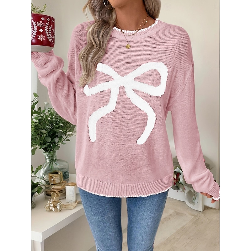 Women's Valentine Pink Sweater Casual Soft Graphic Ribbed Crew Neck Knitted Long Sleeve Regular Tops Knit Outdoor Daily Weekend Black White Fall Winter