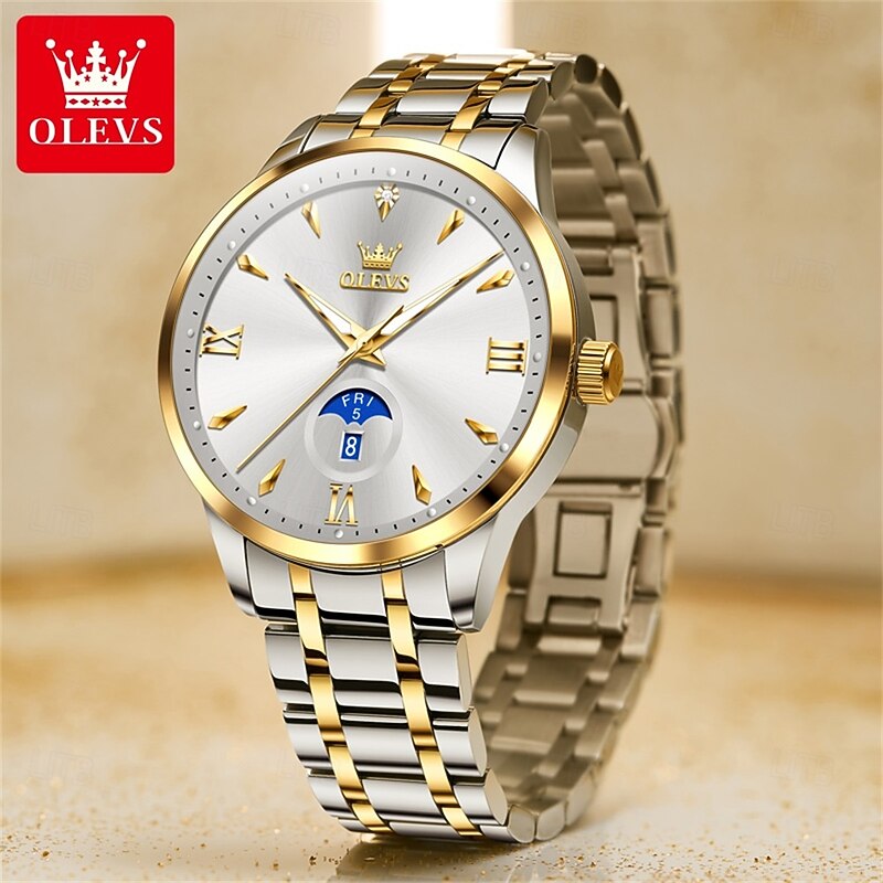 OLEVS Men Quartz Watch Creative Minimalist Fashion Casual Luminous Calendar Date Week Waterproof Steel Watch