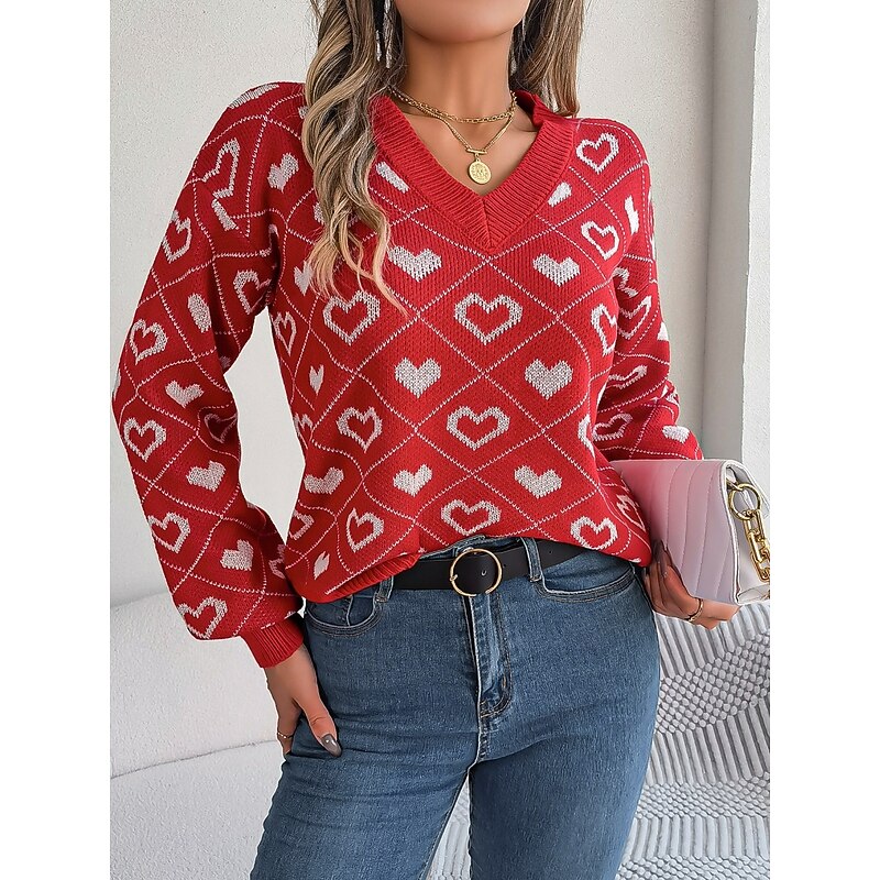 Women's Sweater Casual Soft Heart Ribbed V Neck Knitted Long Sleeve Regular Tops Knit Outdoor Daily Weekend Pink Red Fall Winter4