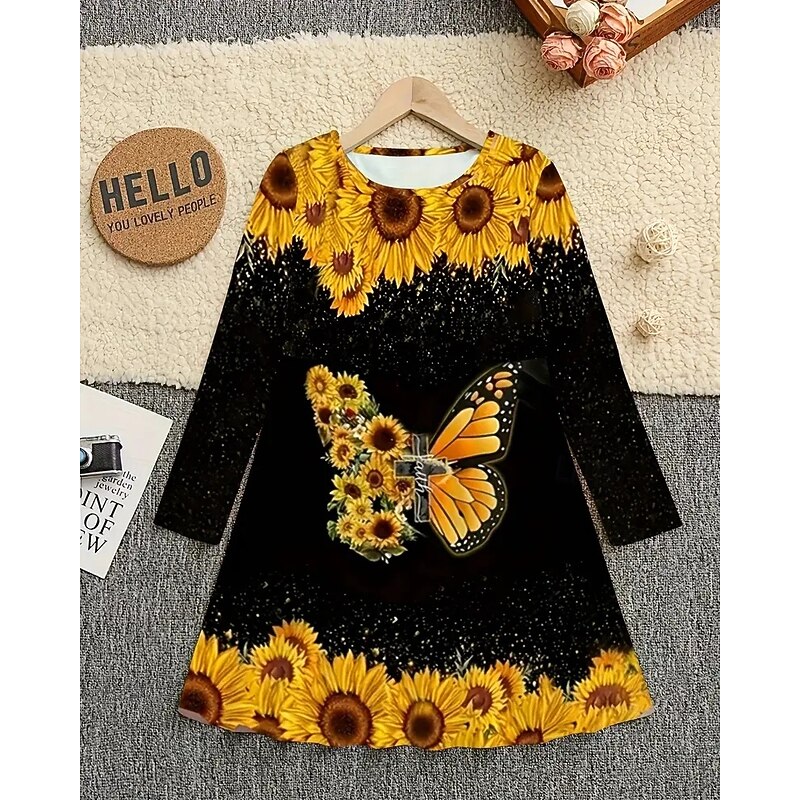 Easter Girls' 3D Graphic Butterfly Sunflower Dress Long Sleeve Summer Spring Vacation Daily Holiday Princess Beautiful Sweet Kids 4-12 Years Casual Dress A Line Dress Knee-length Regular Fit2