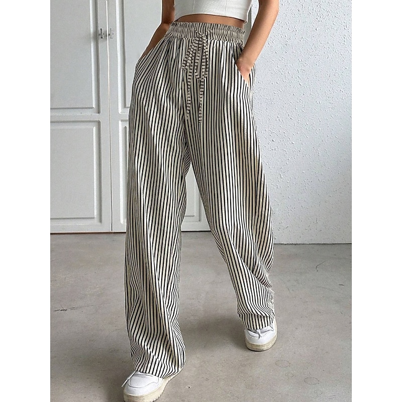 Women's Sweatpants Chinos Fashion Streetwear Full Length High Waist Striped Pocket Elastic Waistband Comfy Soft Comfortable Micro-elastic Outdoor Street Black Spring &  Fall Regular Fit3