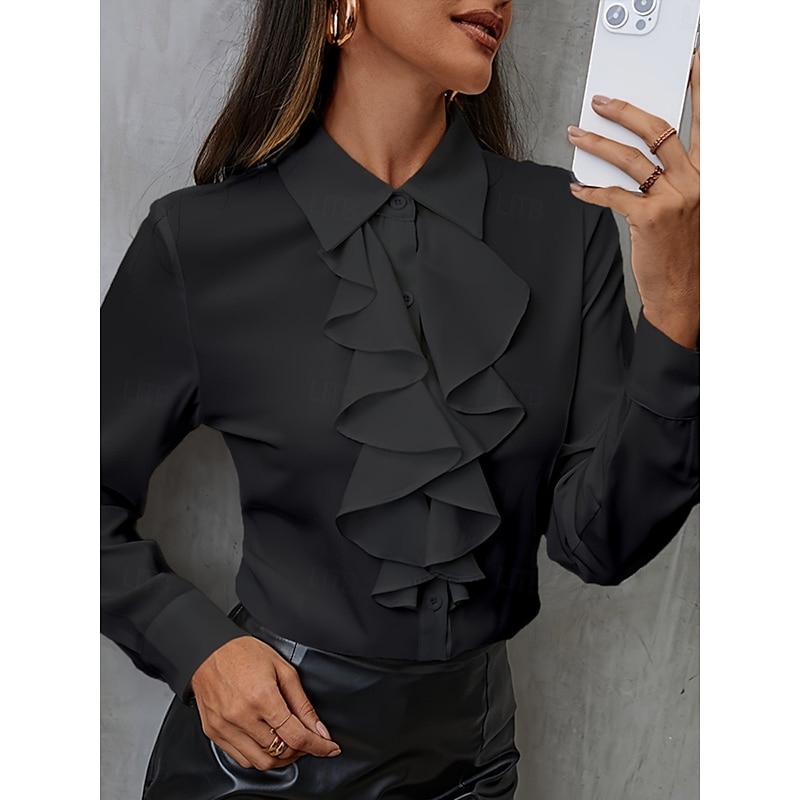 Women's Shirt Blouse Solid Color Business Modern Casual Long Sleeve Shirt Collar Regular Tops Work Formal Wear Ruffle Buttons Black White Summer Spring4